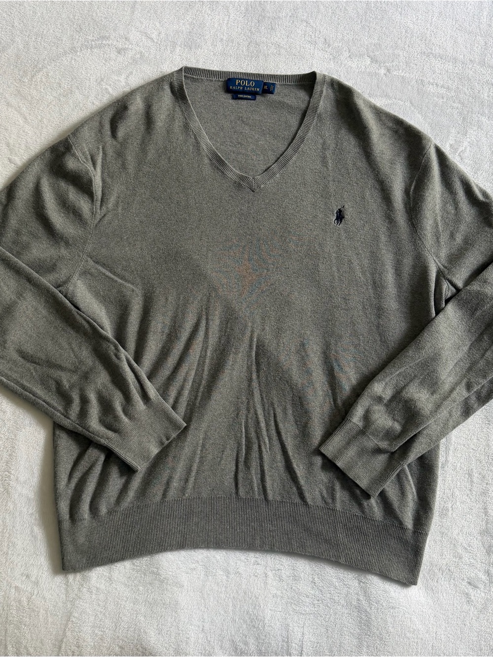 Polo Ralph Lauren Sweater Men's XL Gray V Neck Pima Cotton Sweatshirt Preppy